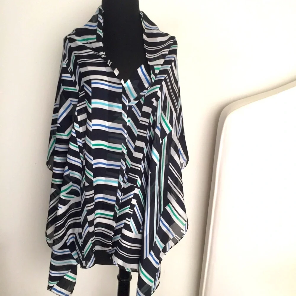 Large Sheer Scarf Calvin Klein Geometric Striped Print Blue Green White Black